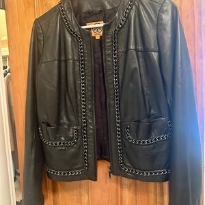 Tory Burch Black Leather Jacket with Chain Trim